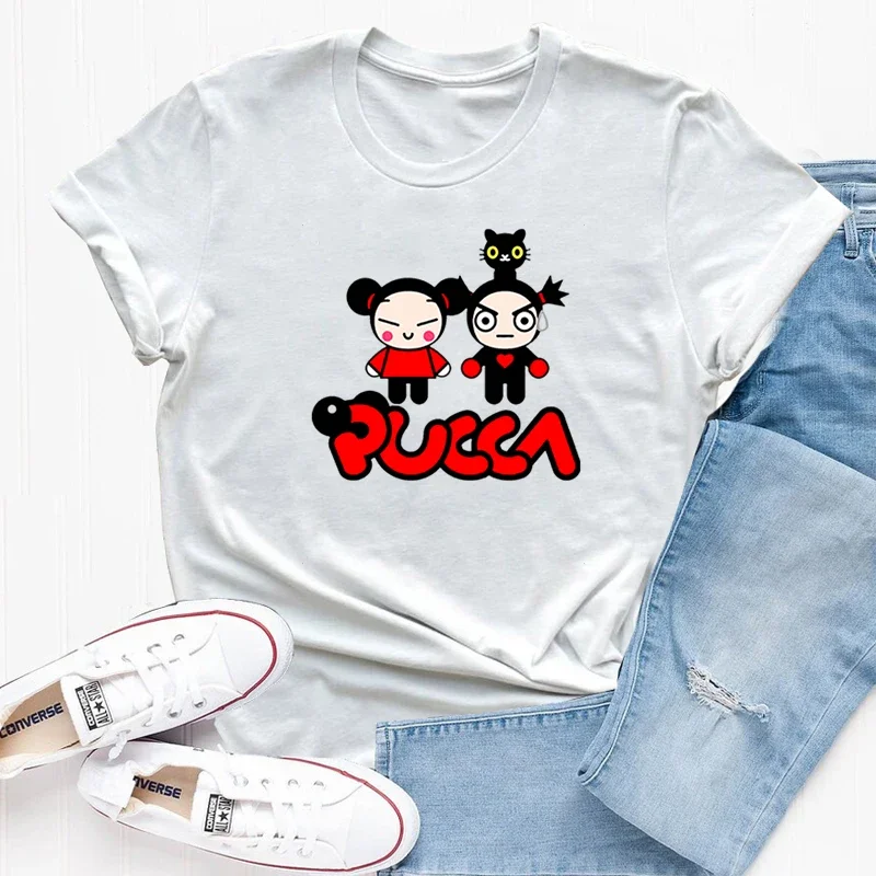 Pucca and Garu Cute Love Cat T Shirt Women Cotton Short Sleeve Print Tshirt Funny Cartoon Graphic T Shirts Woman Clothing