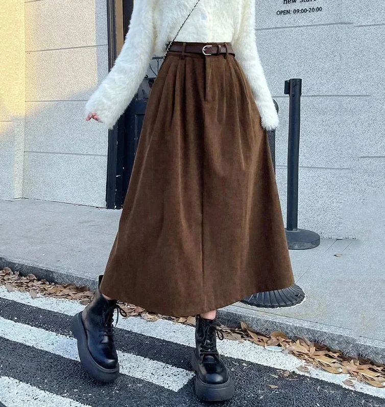 

Винтажная вельветовая длинная юбка, женская осенне-зимняя плиссированная юбка с высокой талией, теплое мини-платье, корейская линия