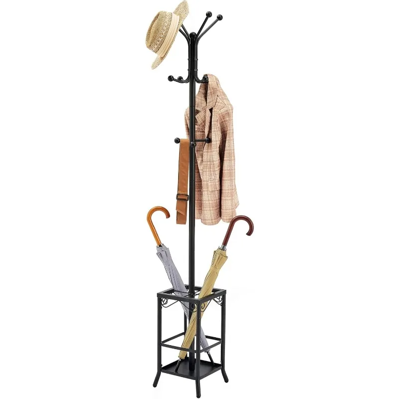 Coat Rack Freestanding,Entryway Hanger Stand,Umbrella Holder,Hall Tree With 12 Hooks, Floor Standing Metal Tree Stand