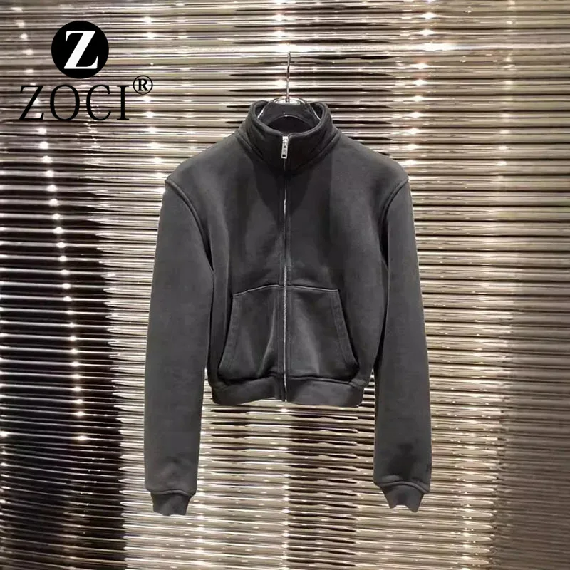 

[ZOCI] Niche 2024 Autumn Winter Short Long Sleeved Jacket, Sporty Solid Color, Slim Fit Zipper, Stand Up Collar, Casual Hoodie