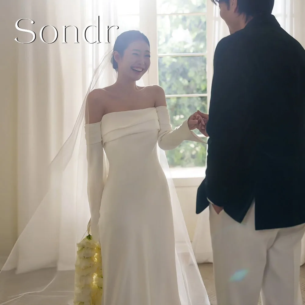 

Sondr Customized Elegant Boat Neck Korean Wedding Dresses A-Line 3/4 Sleeves Simple Chic Bride Prom Party Gown
