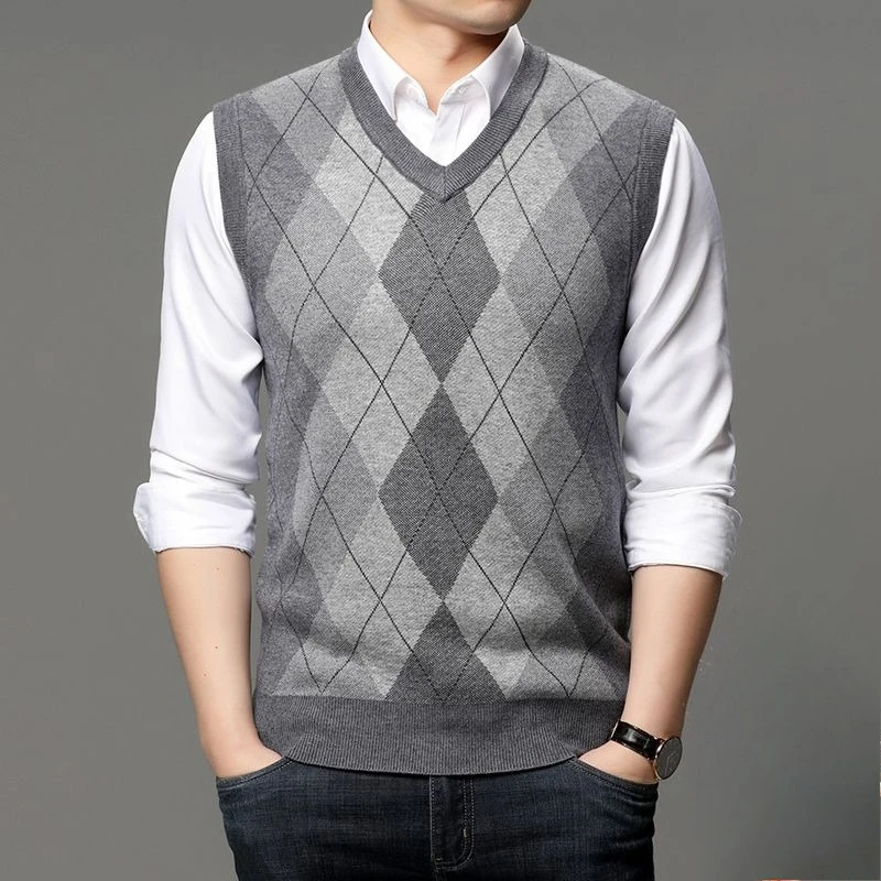 Suéter de punto grueso y cálido con cuello en V para hombre, chaleco sin mangas, prendas de vestir exteriores de otoño e invierno con chalecos básicos de Color sólido de lana para hombre