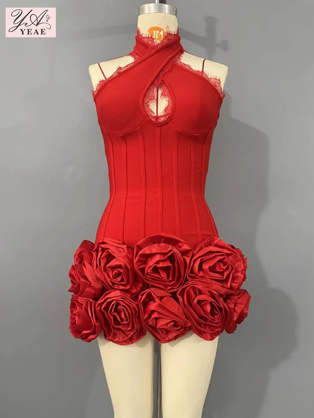 

Sexy Halter Lace Splicing Flower Bandage Dress Women Red Sleeveless Backless Floral Mini Dresses Evening Party Cocktail