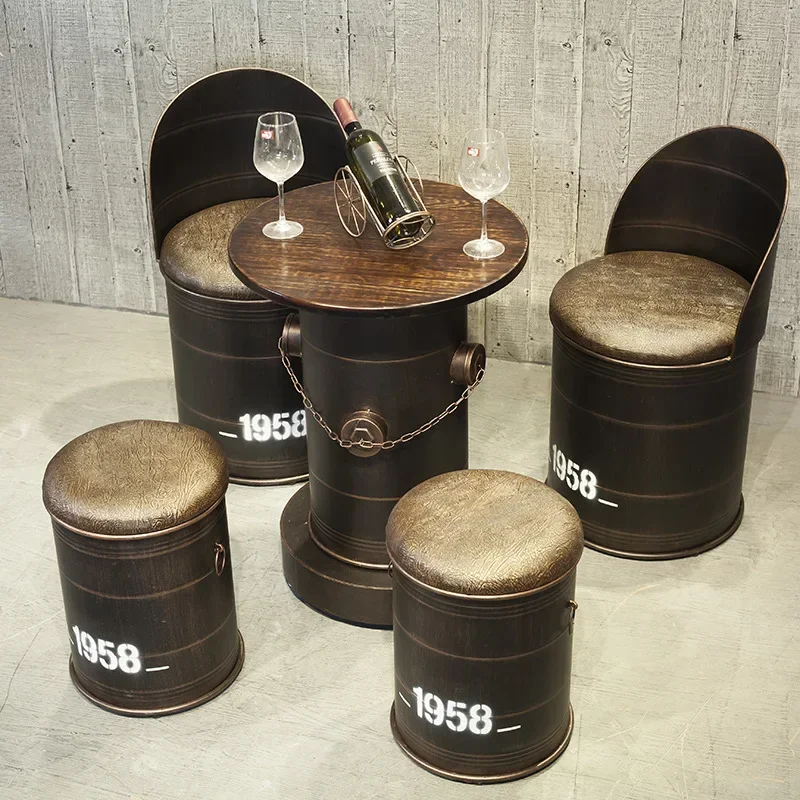 Industrial Style Retro Bar Table and Chair Iron Barrel Stool Chair Oil Barrel Chair Creativity