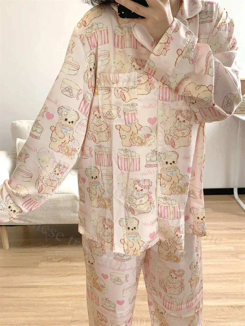 

Cute Bear Cartoon Shirt&pants Princess Style Homewear 2Pcs Pajamas Suit Lady Casual Nightwear Spring Autumn Home Clothing