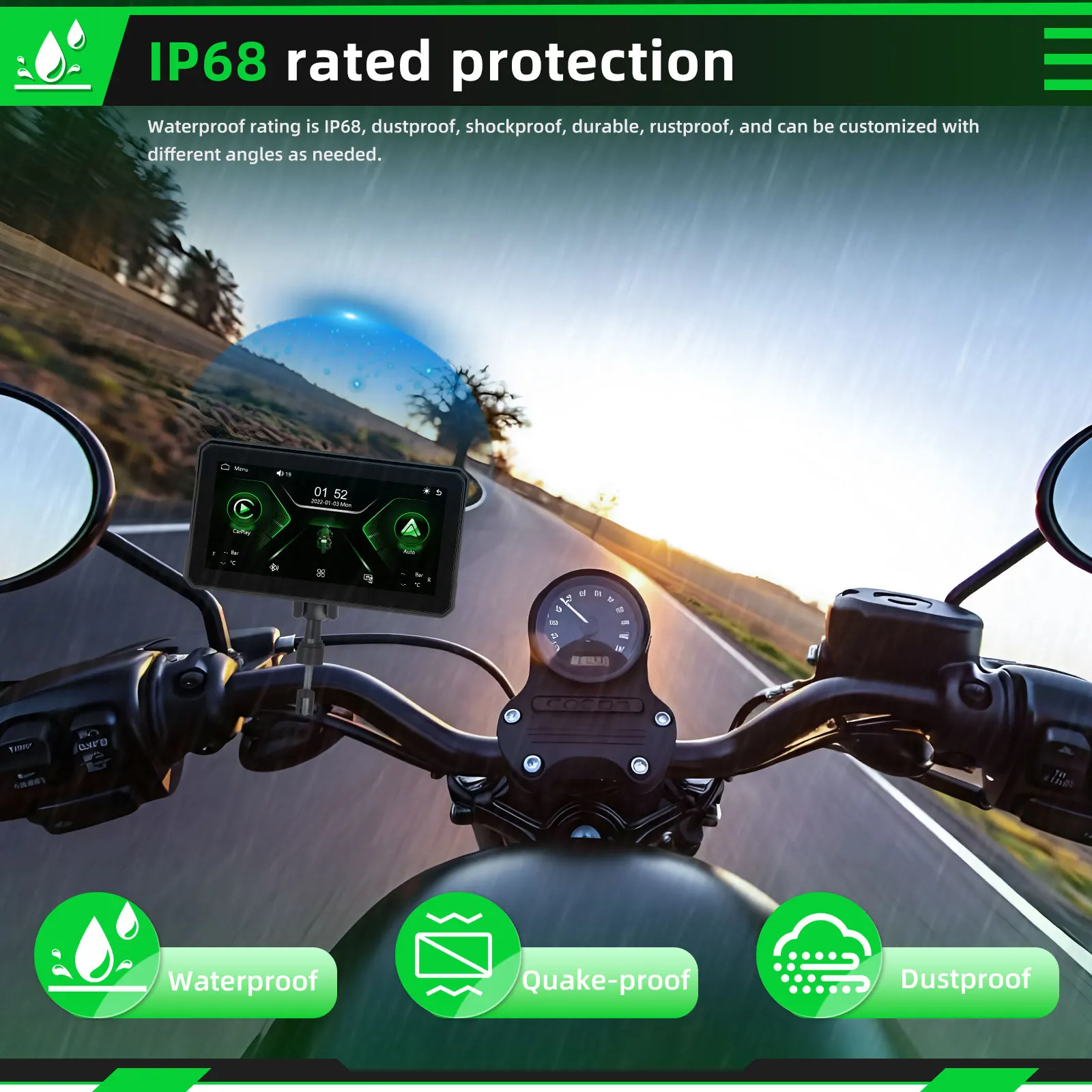Podofo Carplay Motorrad-Monitor Kabelloses Android Auto Airplay IP68 Wasserdichter Tragbarer Monitor Reifendruckerkennung (Optional) – Detail 5