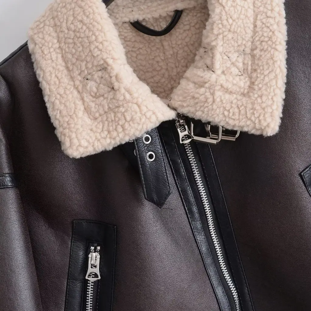 

Women's Retro Brown Faux Fur Motorcycle Jacket European American Style Thick Winter Coat Color Matching Short Design