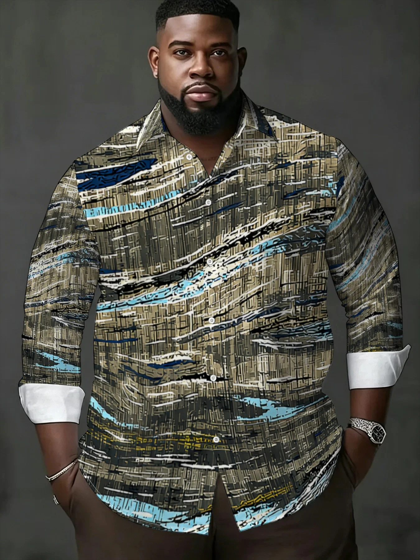 Vintage Style Men Lapel Collar Shirt Grey Base Abstract Rough Line Print Polyester Long-Sleeve Blouse