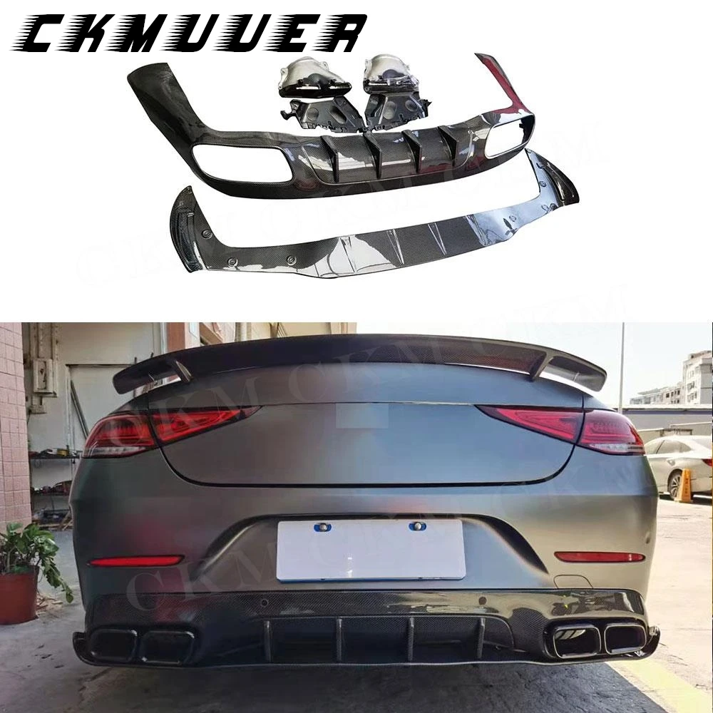 

Углеродное волокно для Mercedes Benz CLS W257 CLS300 350 450 CLS53 63 AMG 2018-2021, диффузор заднего бампера с серебряными насадками на выхлопную систему