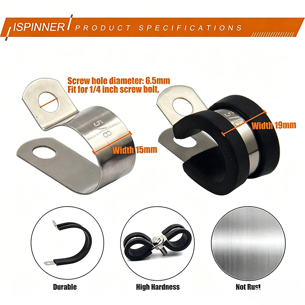 R Type Clamps 52 pcs Stainless Steel 304 with Rubber Strip 6 Size Combinations for Workshop Industrial and Repair Use