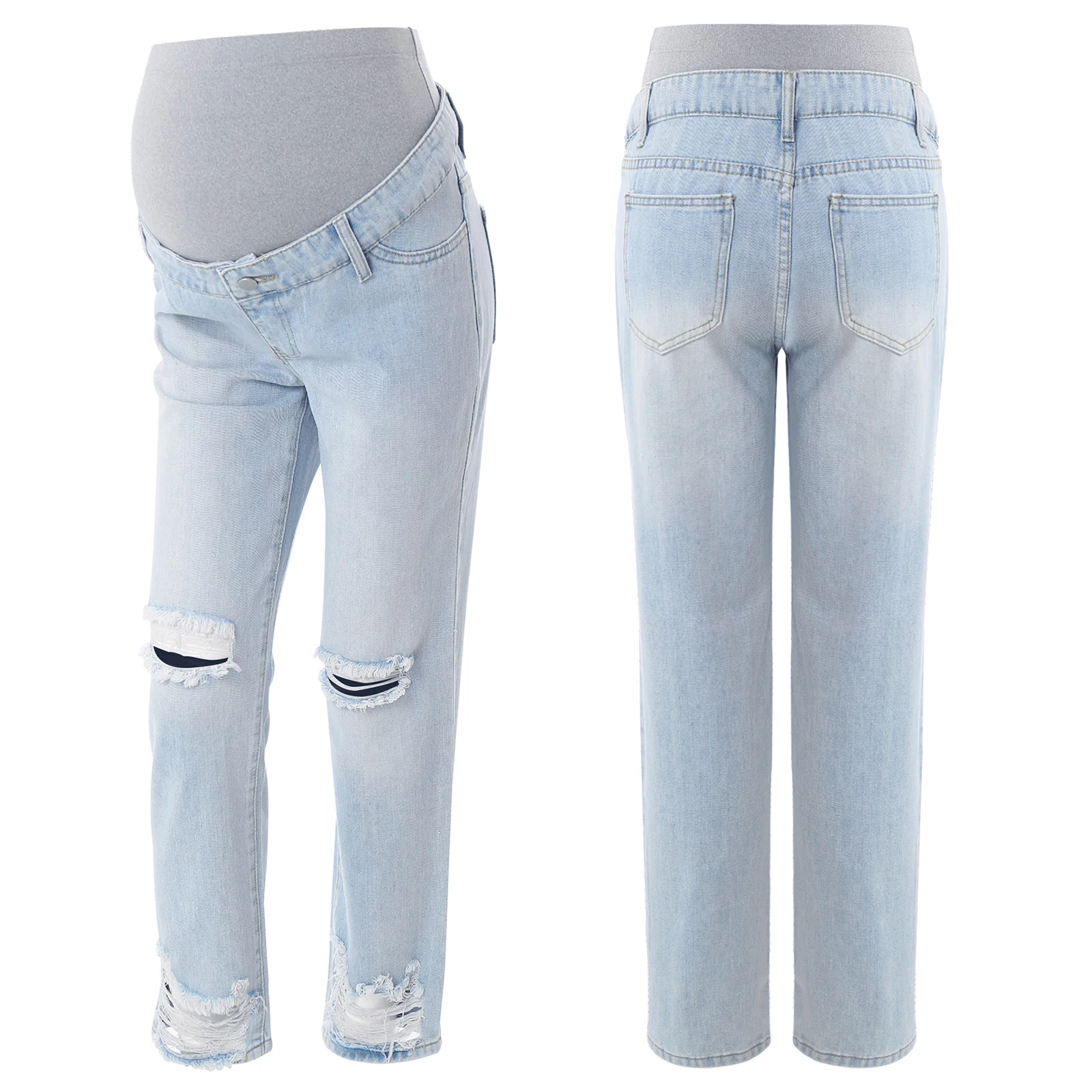 

Maternity Loose Ripped Jeans Trousers Straight Leg Over Belly Comfy Pregnancy Women Denim Pants with Pockets Causal Daily Wear