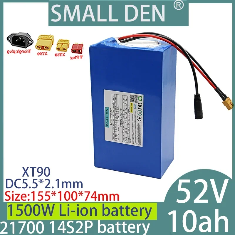 New 52V 10Ah 21700 14S2P lithium battery pack with built-in BMS 1500W motor, high-power rechargeable battery+free 5A charger