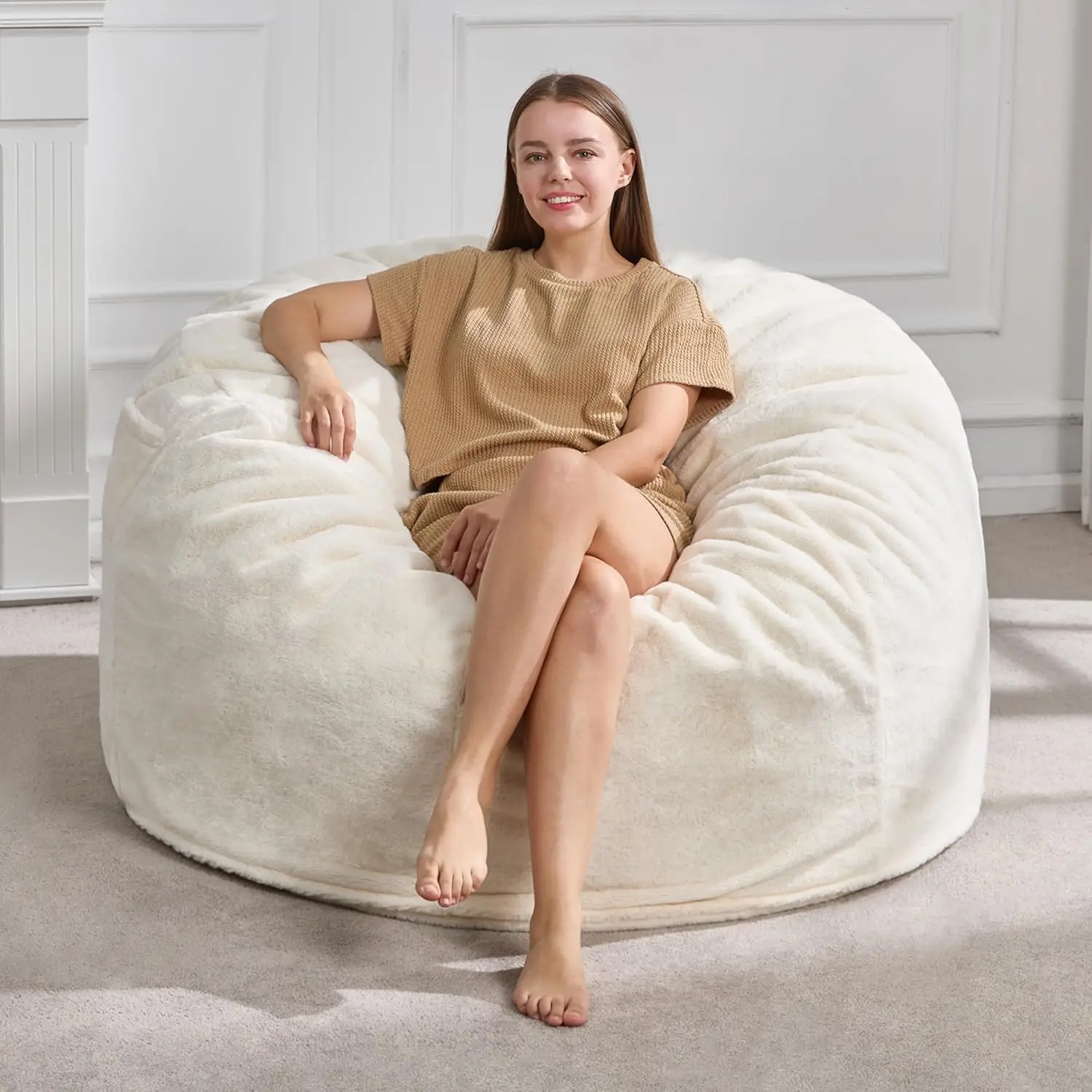 Large 4FT Faux Fur Bean Bag Chair for Adults, Removable Washable Cover, Memory Foam Filler - White (44x44x24)