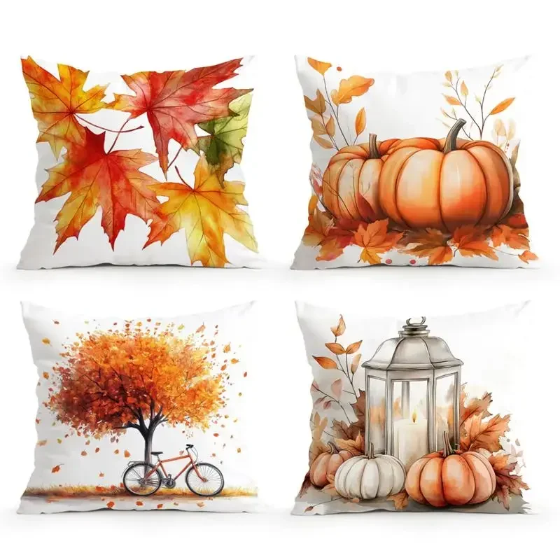 Home Decor Autumn Leaves Pumpkins Lanterns Pillow Covers Pattern Cushion Cover Suitable For Sofa Bedroom Car Pillow Cover