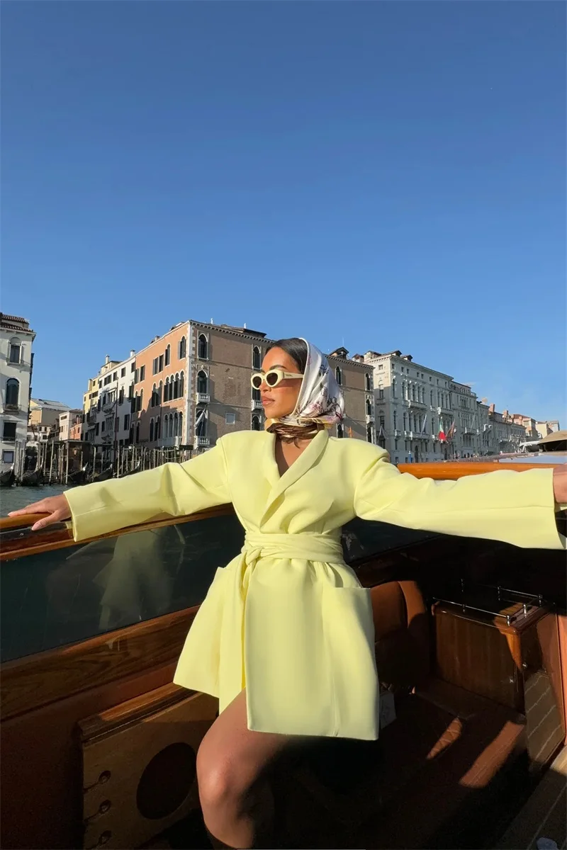 Autumn Yellow Women Suit Skirt 1 Piece Long Blazer Belted Sexy V Neck Jacket Formal Office Lady Wedding Guest Birthday Coat image 5