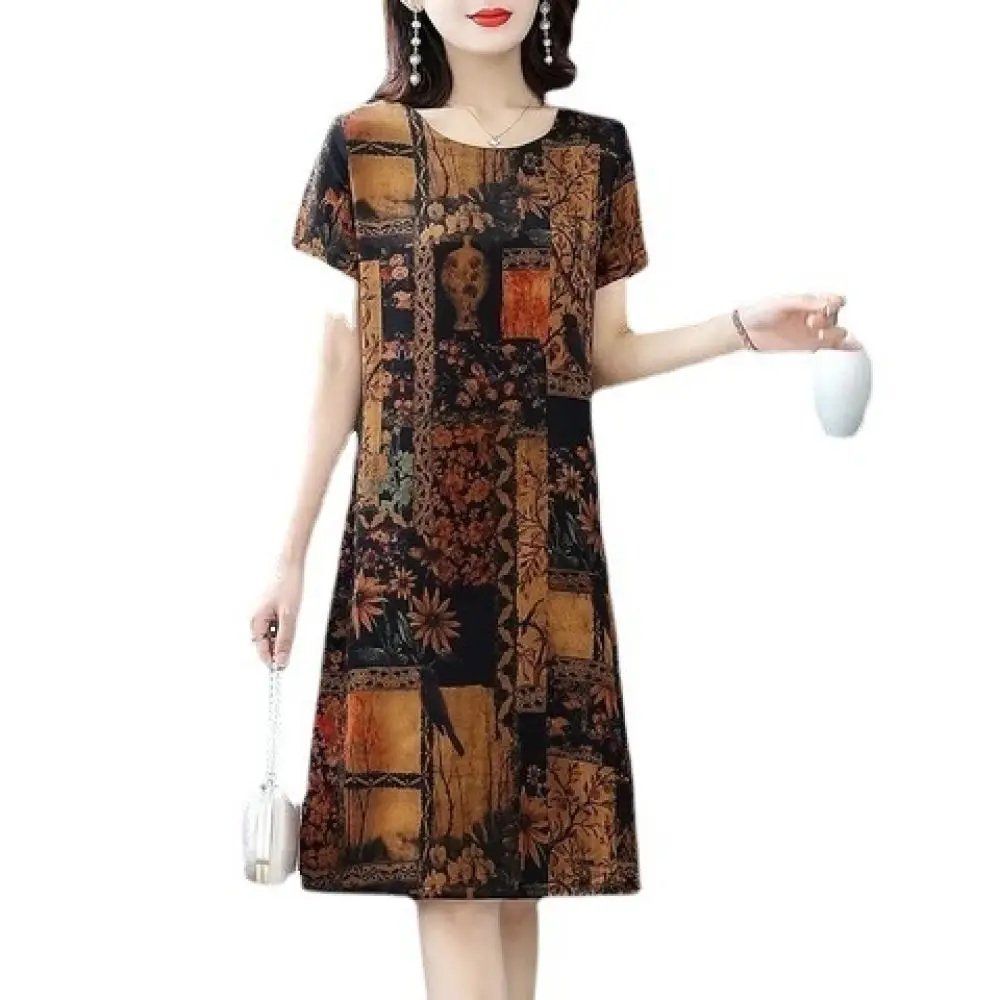 Vintage Style Floral Midi Dress Summer Women Casual Short Sleeve Loose Clothing Comfortable Soft Breathable Mother Dresses