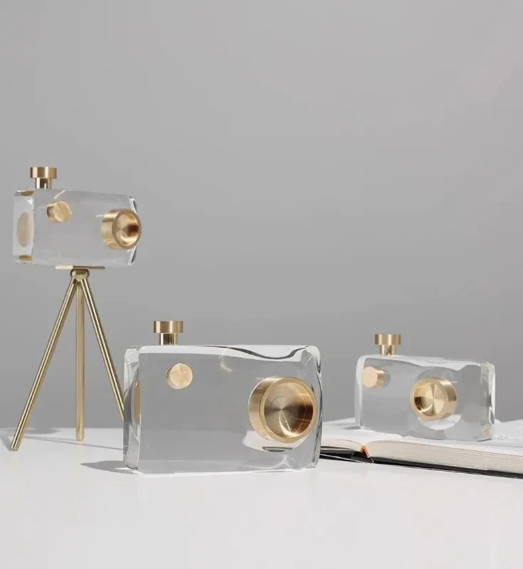 Light luxury high-end crystal camera, phonograph, metal tabletop decoration, office window display, soft decoration display