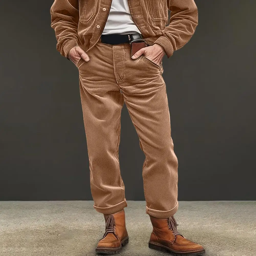 Men Corduroy Pants With Pockets Button Zipper Closure Solid Color Business Style Loose Mid Waist Casual Outdoor Trousers