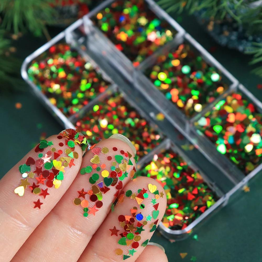 6 Grids Christmas Glitter Sequins Epoxy Resin Filling Mini Star Round Love Heart Paillettes Holiday Decoration DIY Crafts Making