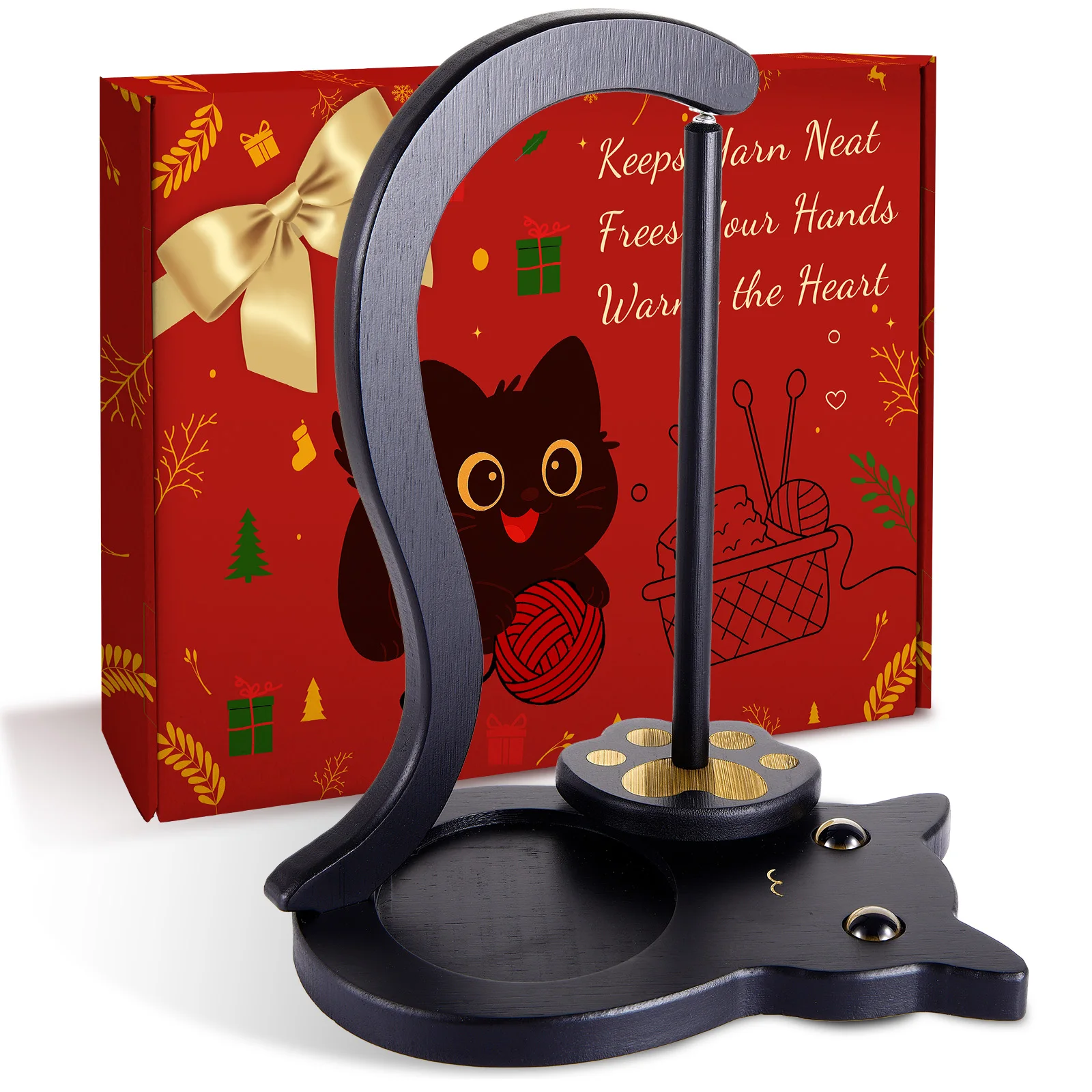 Black Cat Yarn Rack Wooden Crochet Yarn Rack Magnetic Yarn Spool With Accessories Storage And Anti-Slip Mat For DIY Knitting