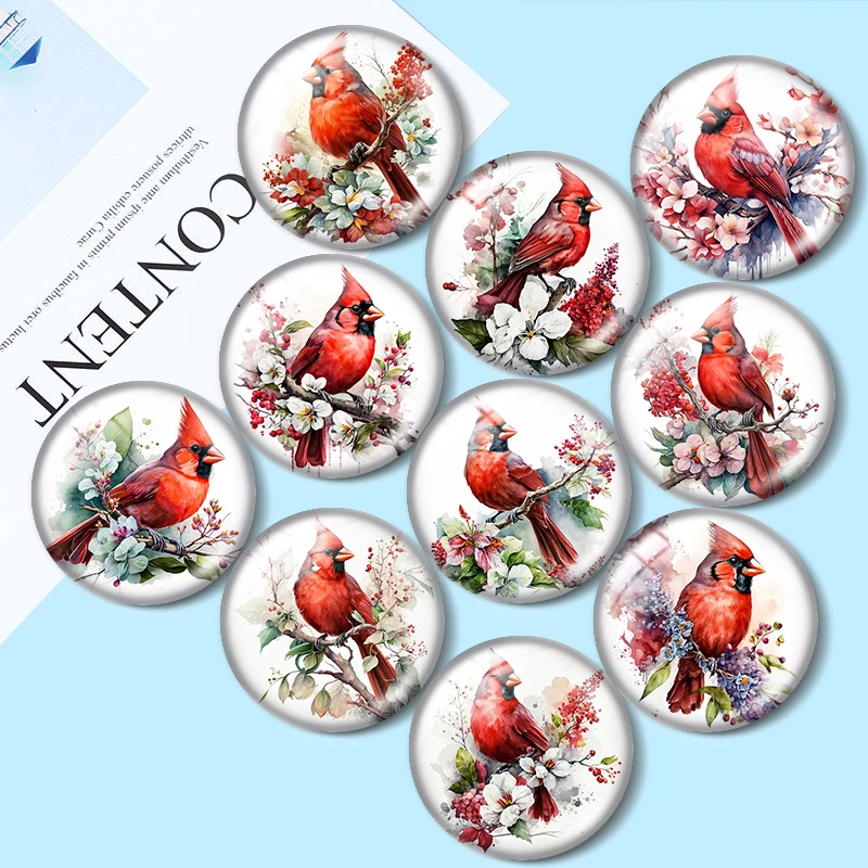 Watercolor Red Cardinal  10pcs 12mm/16mm/18mm/25mm Round Photo Glass Cabochon Demo Flat Back Making findings