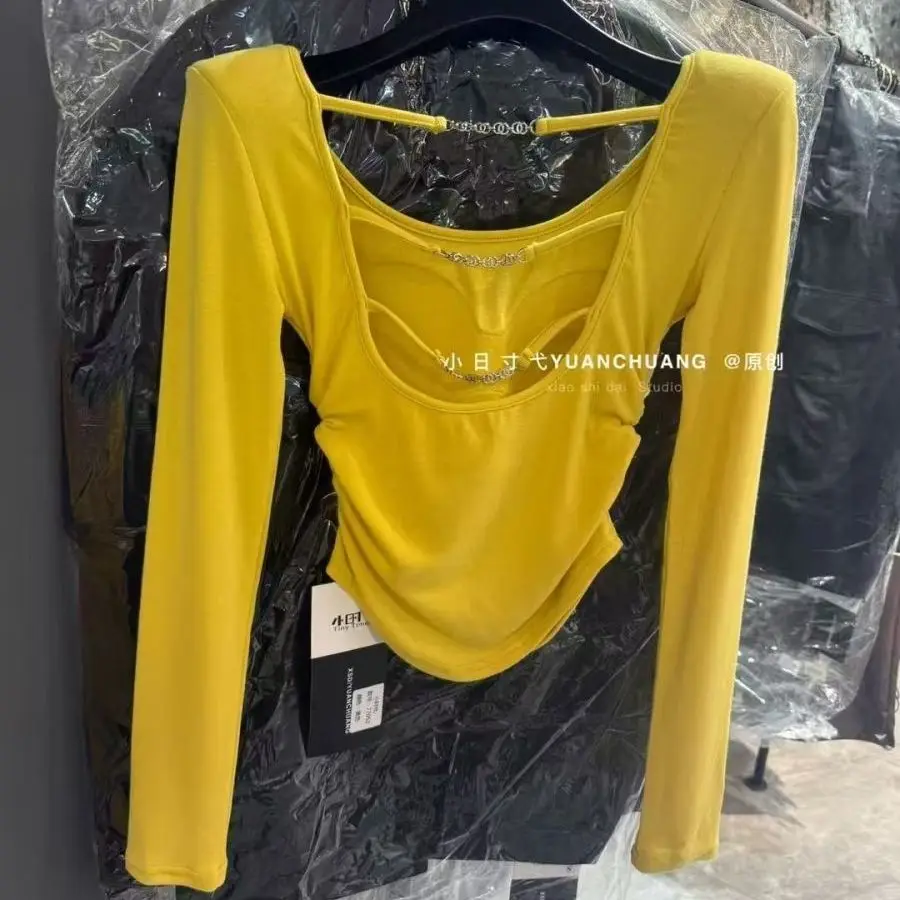 

SY'sYouthfully Sexy Long Sleeve Backless T Shirts Women Shoulder Pads Autumn Solid O Neck Top Hot Sweet Tight Basic T Shirt