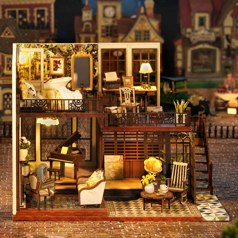 Dollhouse Casa Penthouse Miniature Items Building Model with Furniture Retro Style Duplex Apartment Manual BJD Doll Houses Toys