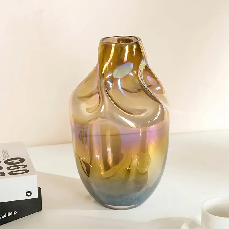 Creative Wrinkled Glass Vase Unique Big Belly Small Mouth Design Modern Home Decor for Living Room Dining Table Flower