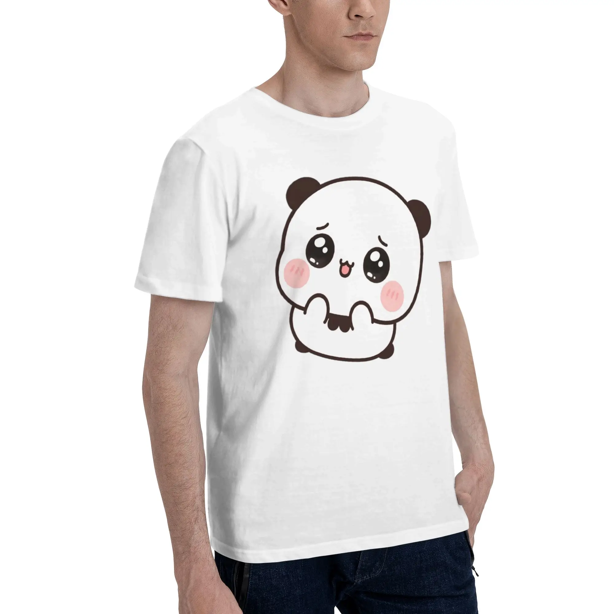Kawaii Blushing Panda Cartoon Character Men's T Shirts  Amazing Tees Short Sleeve Round Collar Cotton Classic Clothes T-Shirt