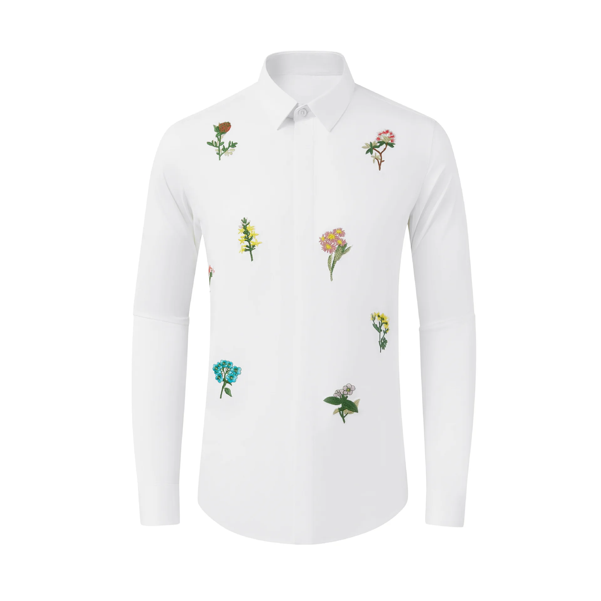 Brand Flower Embroidered Men's Shirt Cotton Long Sleeve Casual Business Dress Shirts Social Party Banquet Stage Performance Tops