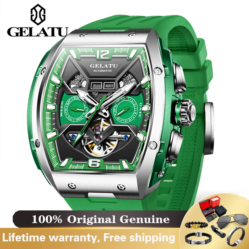 GELATU 6013 Herrenuhr, Top-Luxusmarke, Flywheel Tonneau Mechanikuhr, 50 m wasserdicht, leuchtend, Silikonarmband, Uhren für Herren