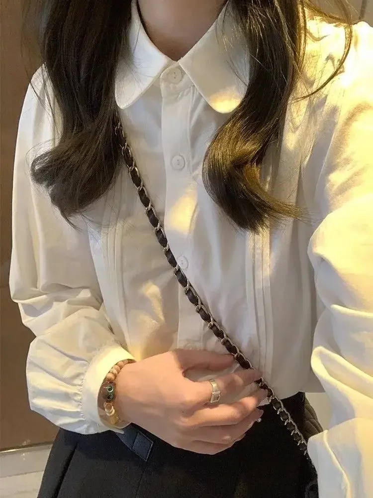 Chemises à manches longues en Satin pour femmes, surdimensionnées, boutonnées, manches lanternes, coupe cintrée, ourlet plissé, à pois, Preppy féminin rétro Ins