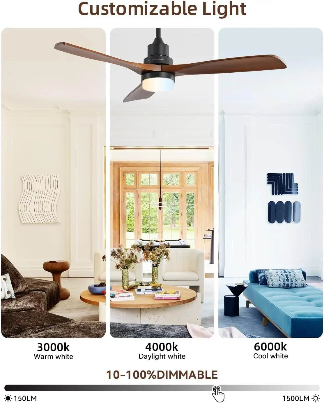 52 Inch Ceiling Fans with Lights and Remote Control, Modern Solid Wood Outdoor Fan for Bedroom Living Room Indoor Farmhouse Patio, Quiet DC Motor