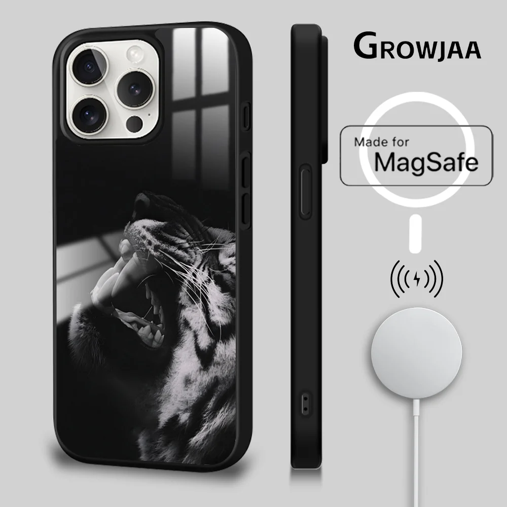 

Fashion Black Tiger Phone Case For iPhone 16 15 14 13 12 11 Pro Max Plus Mini Magsafe Mirror Wireless Magnetic Cover