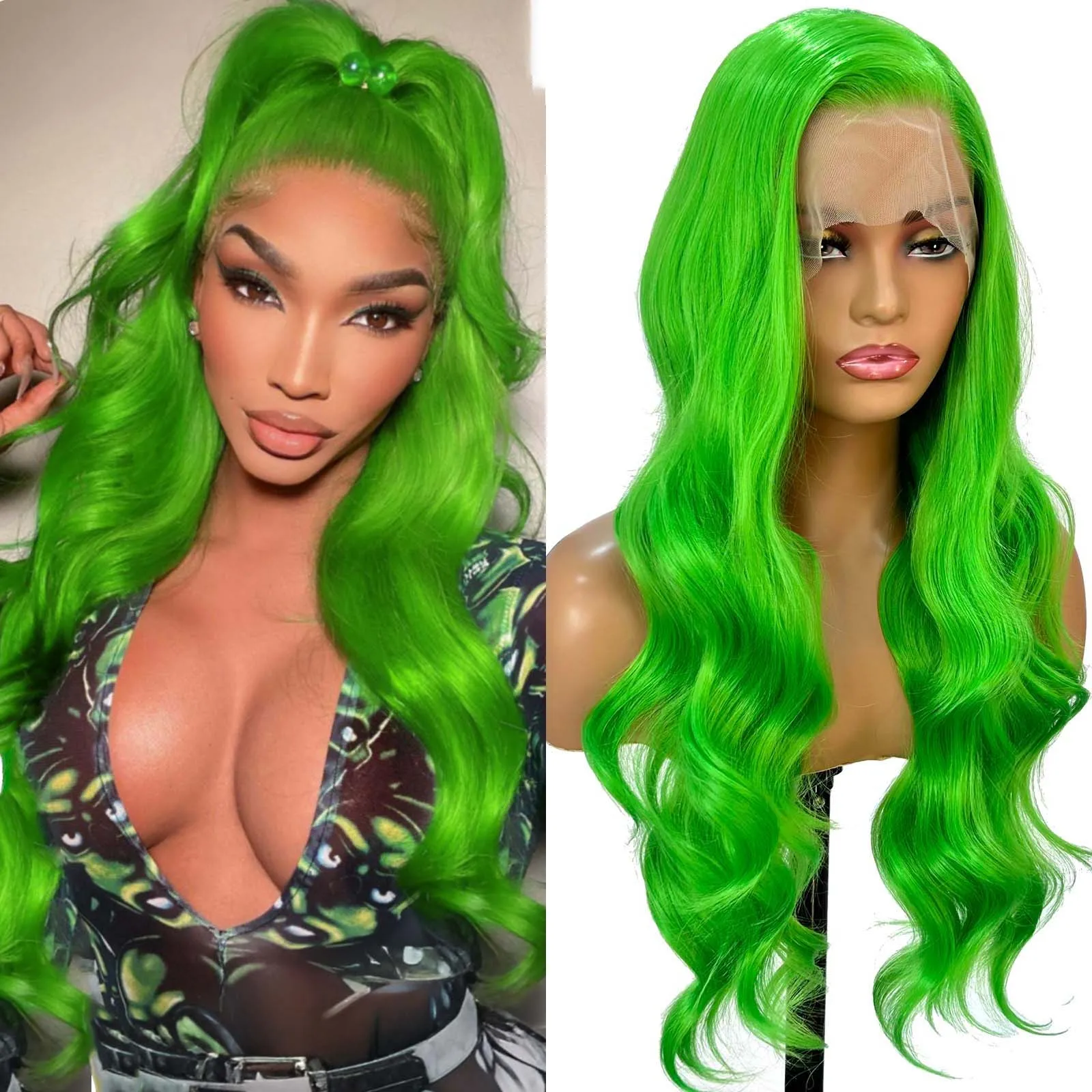 

Long Curly Wavy Neon Green 13x4 Lace Front Wigs for Women Synthetic Hair Loose Body Wave Frontal Cosplay Party Colored Wigs