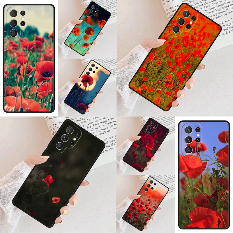 Red Corn Poppy Flower Phone Case For Samsung Galaxy S24 S23 S22 S21 Ultra S10 Note 10 Pro S20 Plus FE S9 S8 Cover