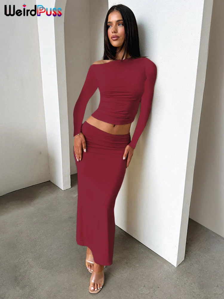 Weird Puss Simple Women 2 Piece Set Elastic Solid Classic Autumn Trend Skew Collar Crop Tops+Long Skirts Matching Street Outfits