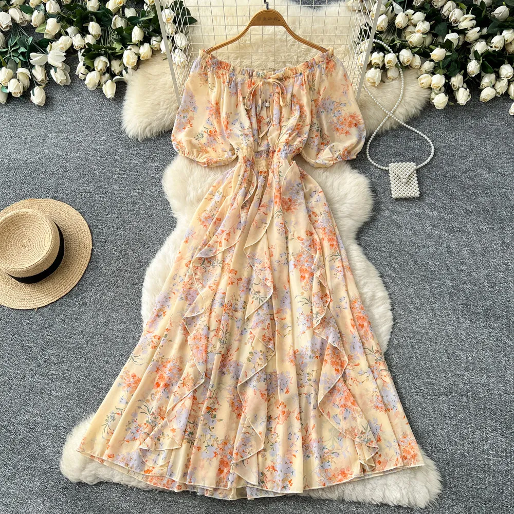 Zarif Basamaklı Fırfırlı Çiçek - Off Shoulder Puff Sleeve Sundress incelemesi ve fiyatı