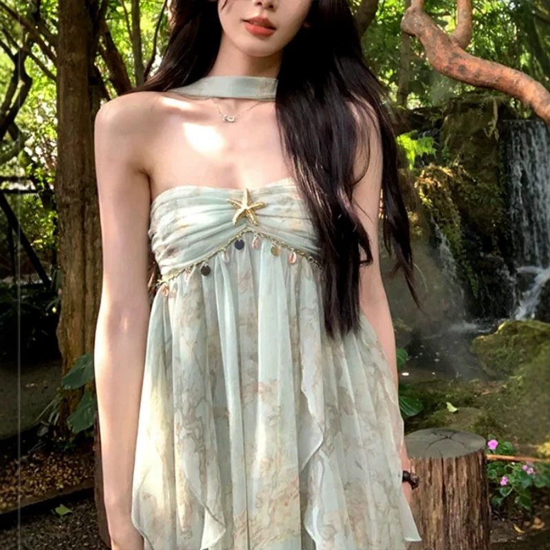 

Summer Floral Print One-Piece Dress Women's Halter Neck Sleeveless High Waist A-Line Gown Sweet Fresh Style Casual Wear