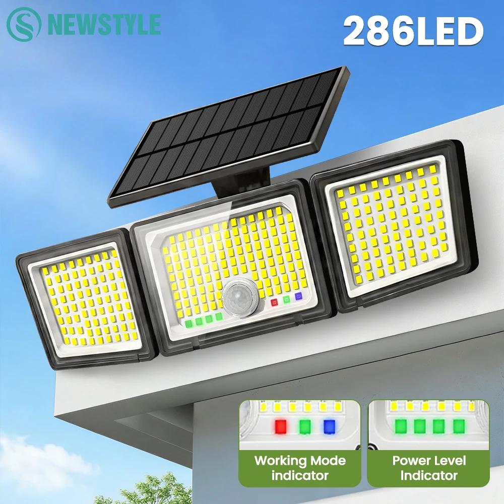 Upgraded 286LED Solar Motion Sensor Light Battery Indicator IP65 Waterproof Dusk to Dawn Outdoor Security Flood Wall Lamp Garden