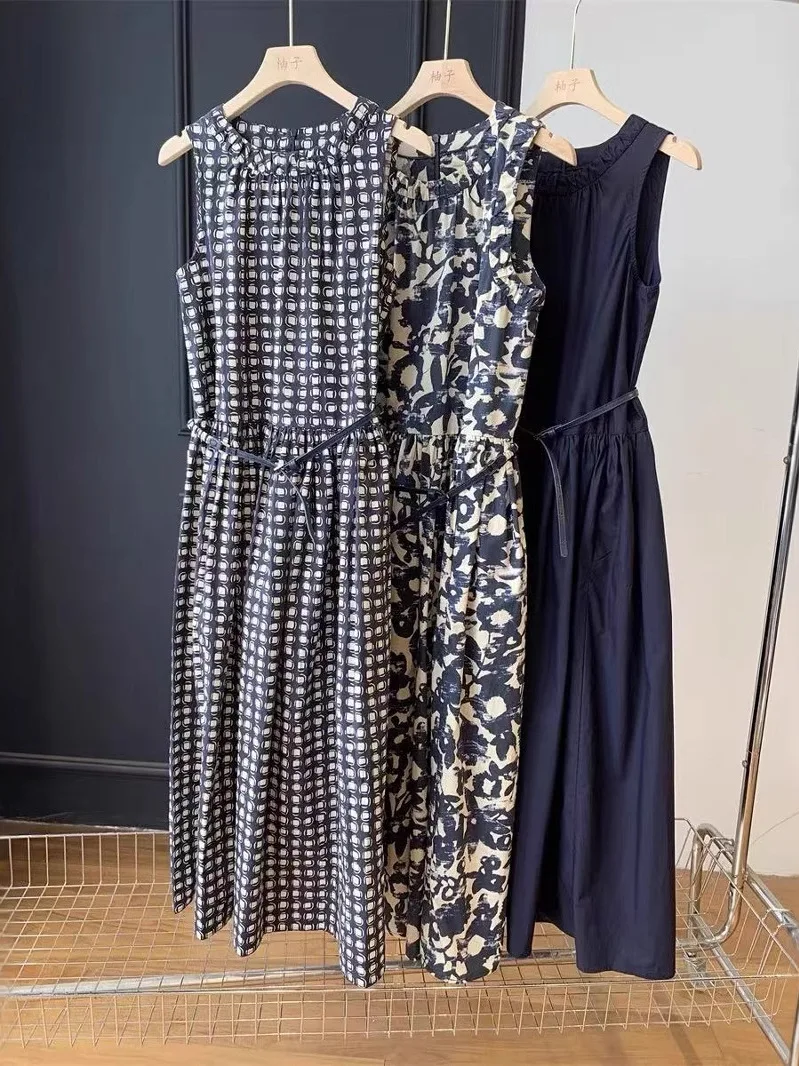 

Elegant Digital Print Midi Dress with Belt High Waist Cotton Knitted Summer Fashion Retro Series M Home High Price Series