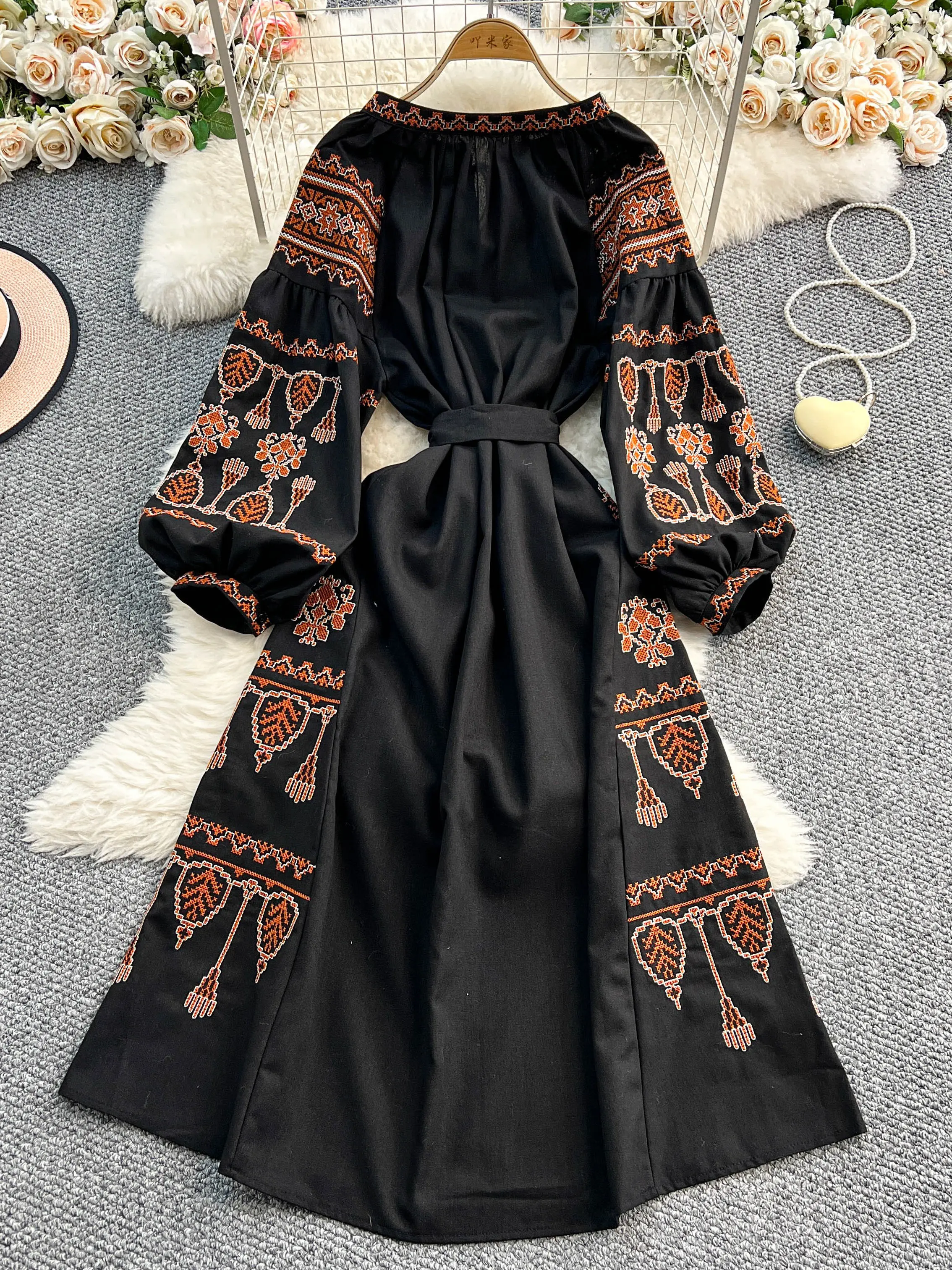 Lantern Sleeves Loose Lace-up Waist Women Long Dress Embroidery Black Bohemian Ethnic Seaside Vacation Beach Boho
