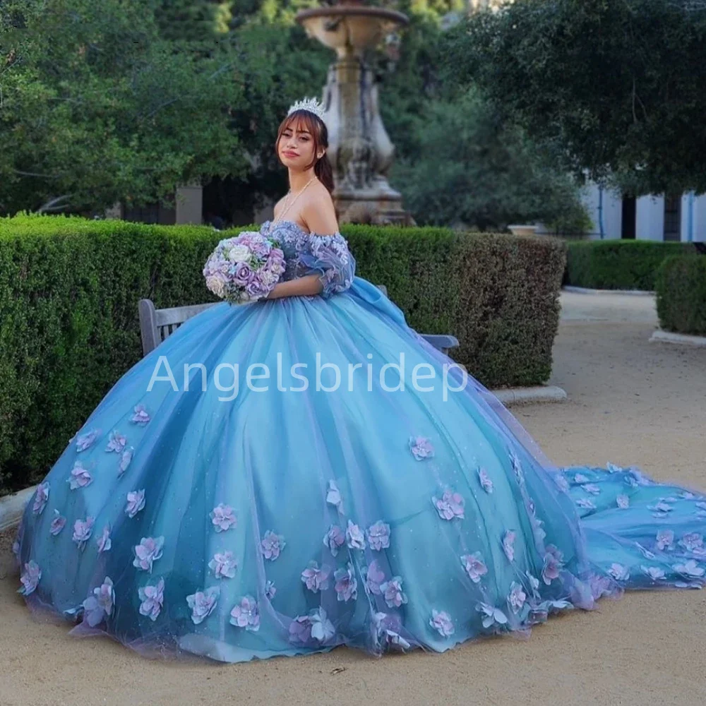 Engels bride mexikanische Abend party Vestidos de Fiesta 3d Blumen ballkleid Quinn ceanera Kleider Bogen ohne Bären kleid