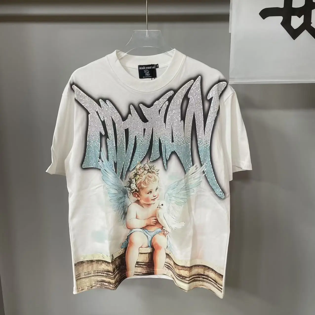 Winged Angel Rhinestone Short Sleeve Mens Tshirts Streetwear Cotton Loose Round Neck Summer Tees Oversized Unisex Tshirt image 3