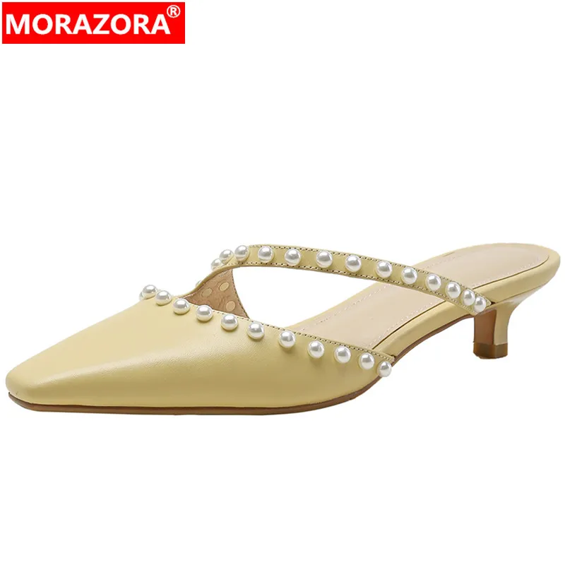 

MORAZORA 2024 New String Bead Ladies Summer Shoes Genuine Leather Mules Women Slippers Concise Thin Med Heels Slippers