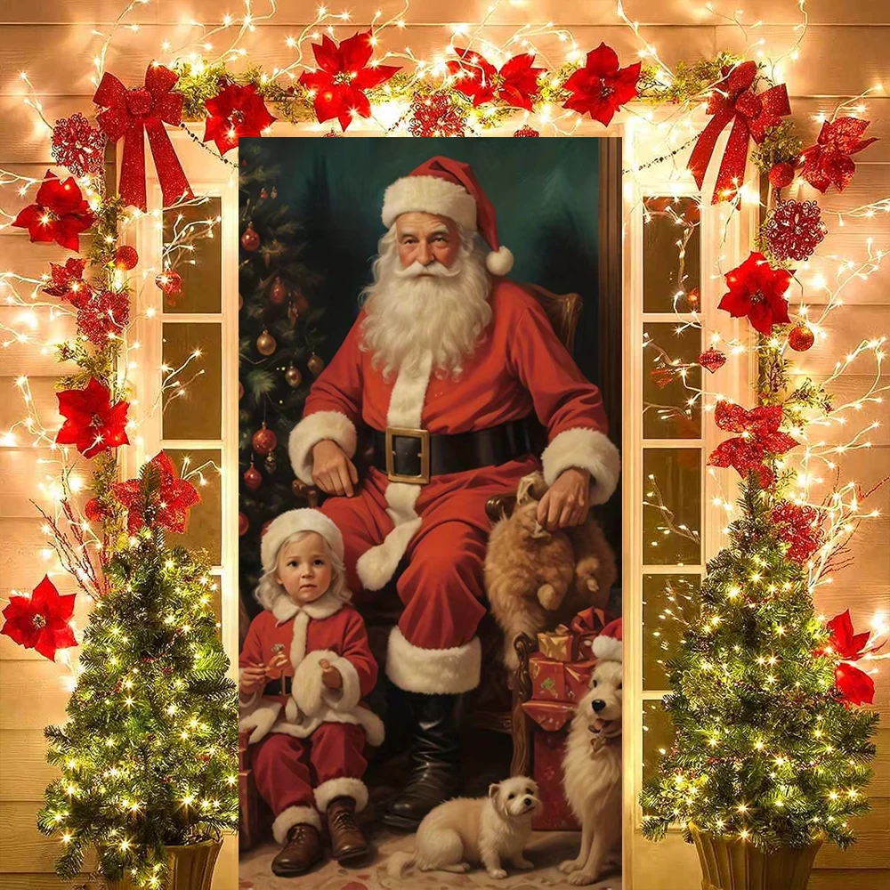 

Christmas and New Year Door Cover Decoration Santa Claus Puppy Or Snowman Party Banner Photography Background For Indoor Outdoor