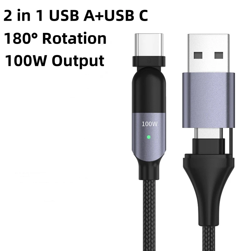 

2 in 1 USB C Fast Charging Cable PD100W 180 Degree Rotation USB A to Type C USB C to USB C Cable Cord