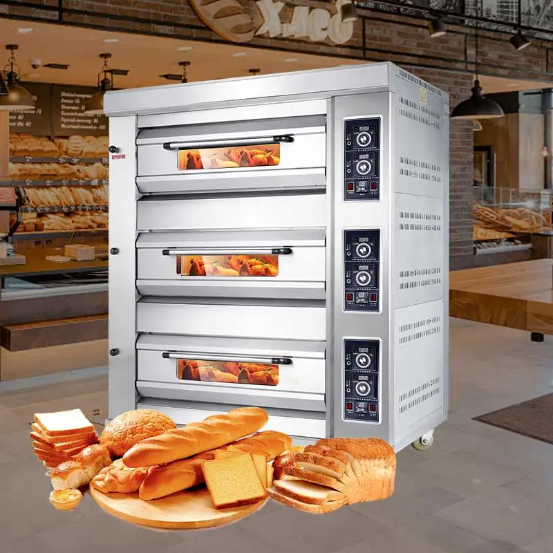 Commercial Baking Equipment 3 Deck 6 Trays Electric Gas Oven For Bakery Bread Pizza Or Cake With Digital Temperature Display