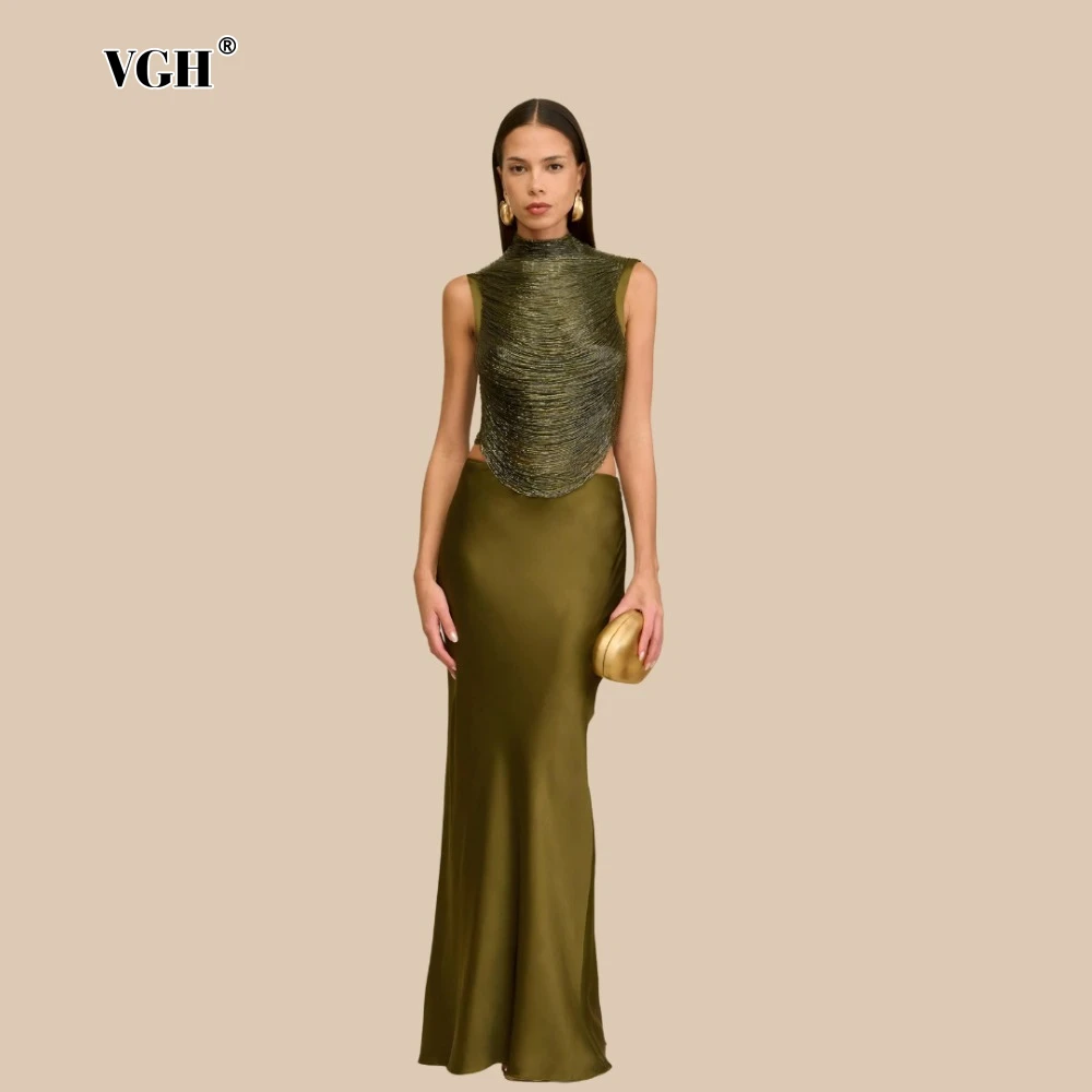 

VGH Высококачественный комплект из двух предметов для женщин, блузка без рукавов с кисточками и атласной макси-юбкой, вечерние комплекты, женские летние