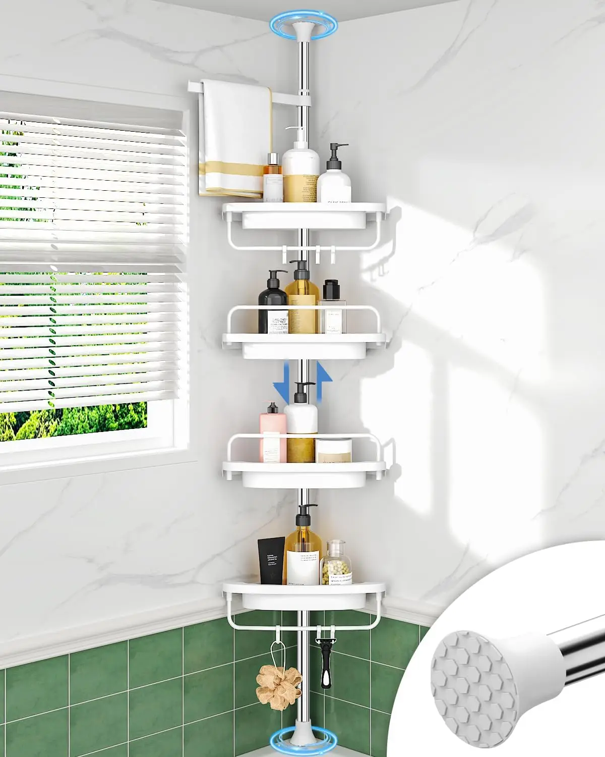

Adjustable Tension Shower Caddy with 4 Rustproof Shelves, Fits Heights 34-116 Inches, White